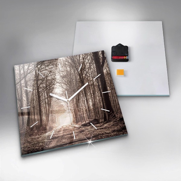 Wanduhr quadratisch Waldweg in Sepia