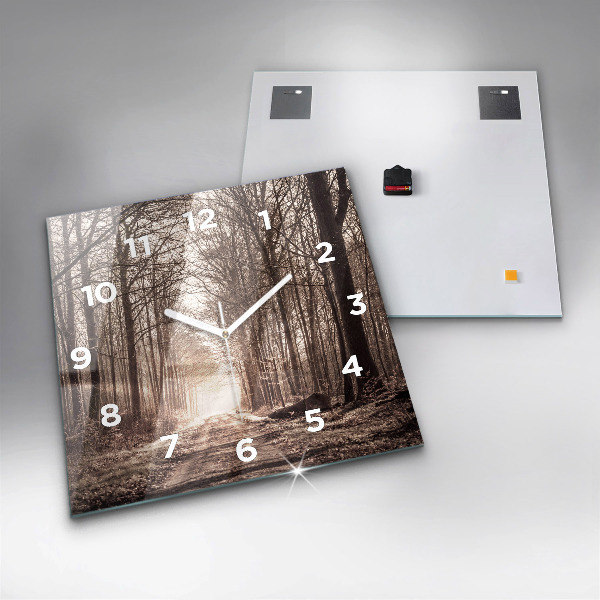 Wanduhr quadratisch Waldweg in Sepia