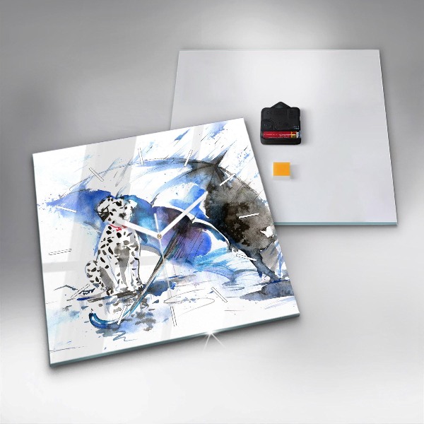 Wanduhr quadratisch Dalmatiner und Regenschirm