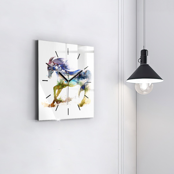 Wanduhr modern quadratisch Bemalter Berg und Pferd