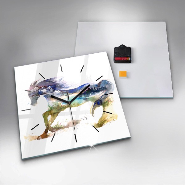 Wanduhr modern quadratisch Bemalter Berg und Pferd