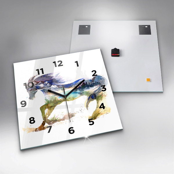 Wanduhr modern quadratisch Bemalter Berg und Pferd