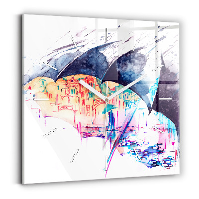 Wanduhr quadratisch Regenschirm und Stadt