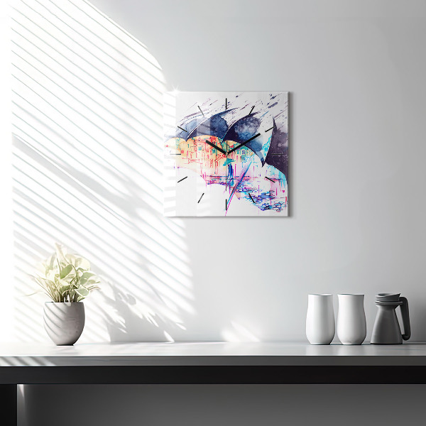 Wanduhr quadratisch Regenschirm und Stadt