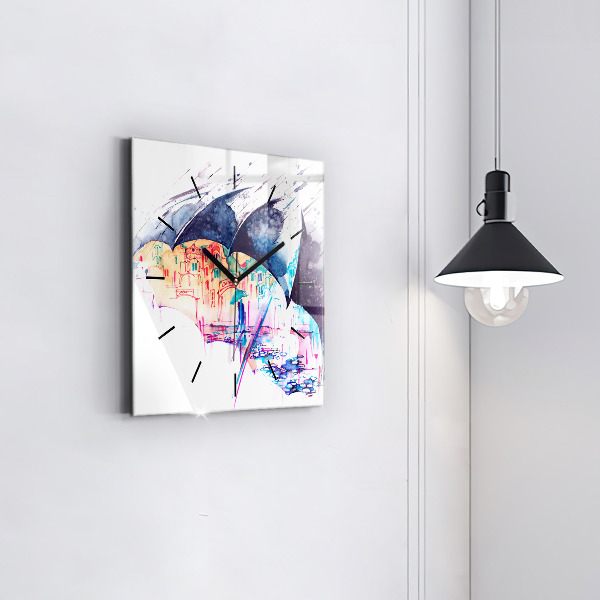 Wanduhr quadratisch Regenschirm und Stadt