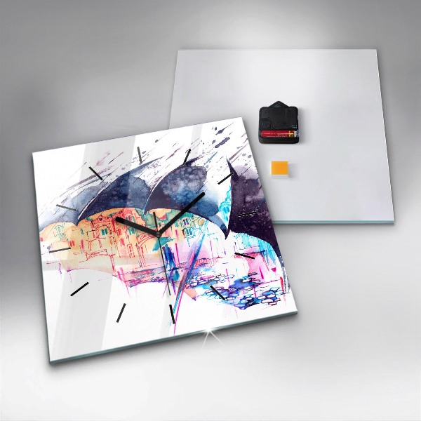 Wanduhr quadratisch Regenschirm und Stadt