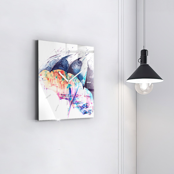 Wanduhr quadratisch Regenschirm und Stadt