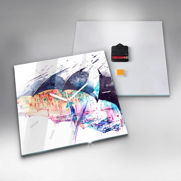 Wanduhr quadratisch Regenschirm und Stadt