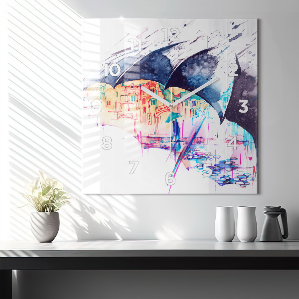 Wanduhr quadratisch Regenschirm und Stadt