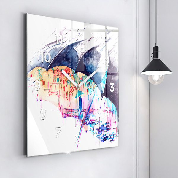 Wanduhr quadratisch Regenschirm und Stadt