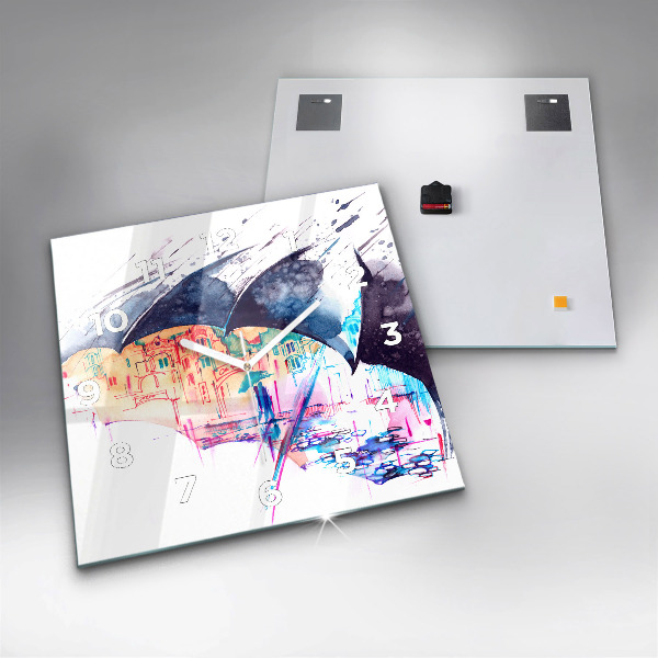Wanduhr quadratisch Regenschirm und Stadt