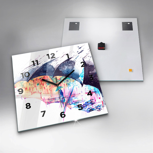 Wanduhr quadratisch Regenschirm und Stadt