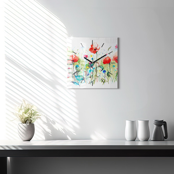 Wanduhr quadratisch Mohnblumen auf einer Wiese