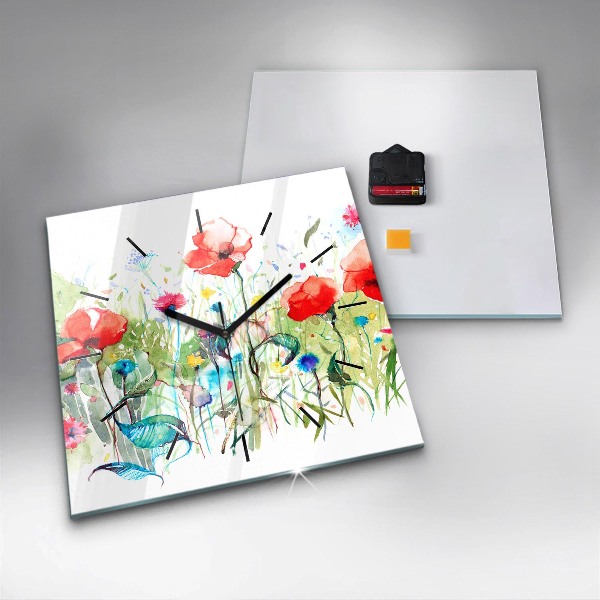 Wanduhr quadratisch Mohnblumen auf einer Wiese
