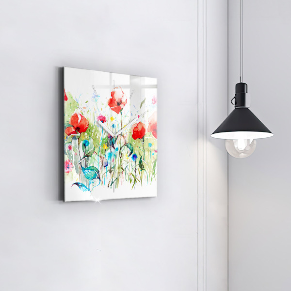 Wanduhr quadratisch Mohnblumen auf einer Wiese
