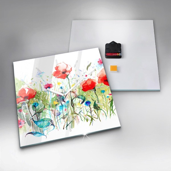 Wanduhr quadratisch Mohnblumen auf einer Wiese