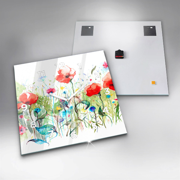 Wanduhr quadratisch Mohnblumen auf einer Wiese