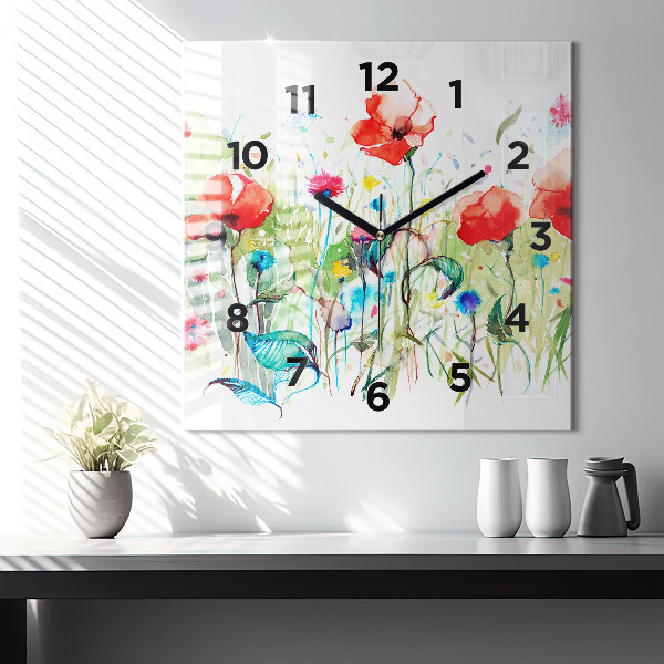 Wanduhr quadratisch Mohnblumen auf einer Wiese