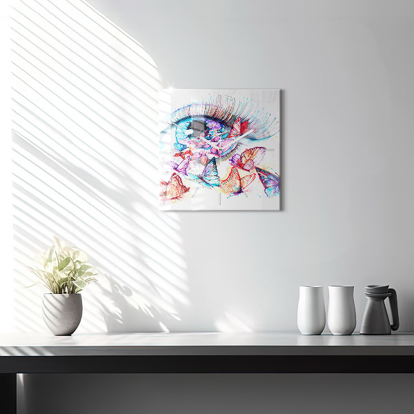 Wanduhr quadratisch Farbige Augen Schmetterlinge