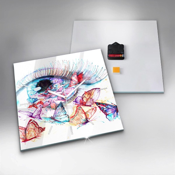 Wanduhr quadratisch Farbige Augen Schmetterlinge