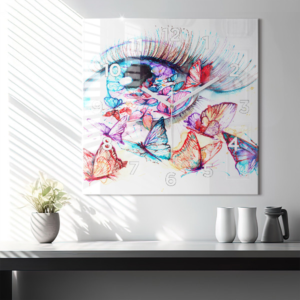 Wanduhr quadratisch Farbige Augen Schmetterlinge