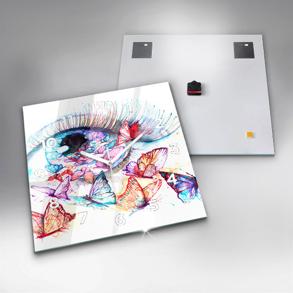 Wanduhr quadratisch Farbige Augen Schmetterlinge