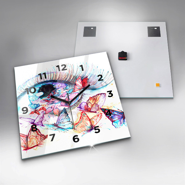 Wanduhr quadratisch Farbige Augen Schmetterlinge