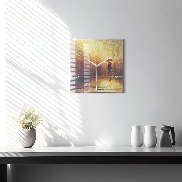 Wanduhr quadratisch Frau mit Regenschirm