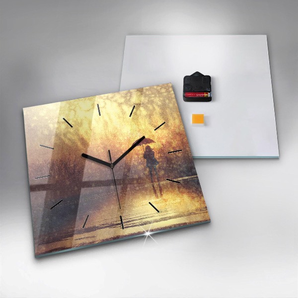 Wanduhr quadratisch Frau mit Regenschirm