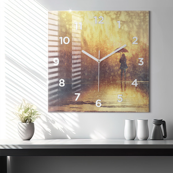 Wanduhr quadratisch Frau mit Regenschirm