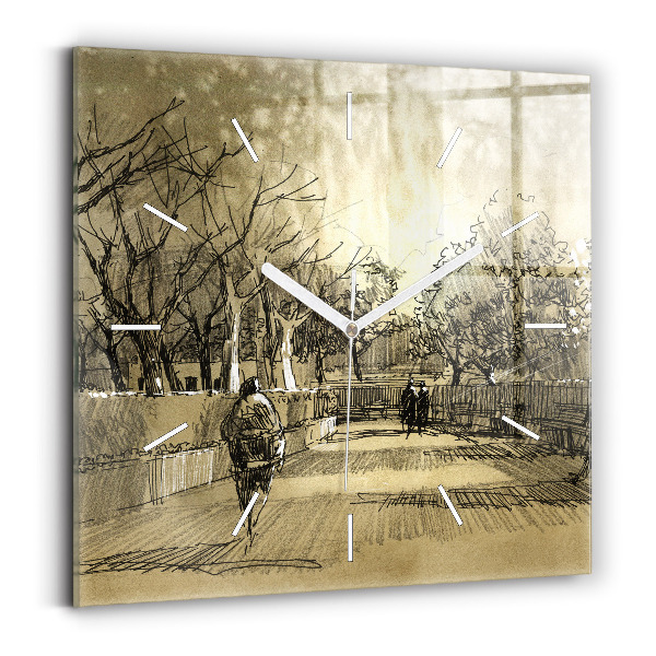 Wanduhr quadratisch Park und Bäume in Sepia