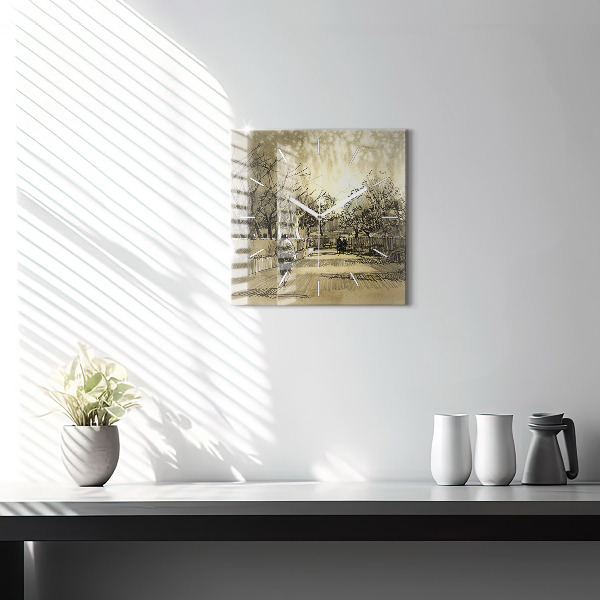 Wanduhr quadratisch Park und Bäume in Sepia