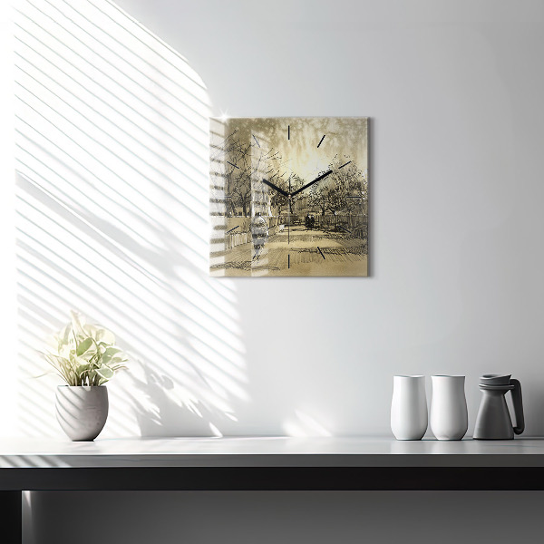 Wanduhr quadratisch Park und Bäume in Sepia