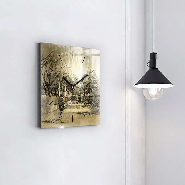 Wanduhr quadratisch Park und Bäume in Sepia