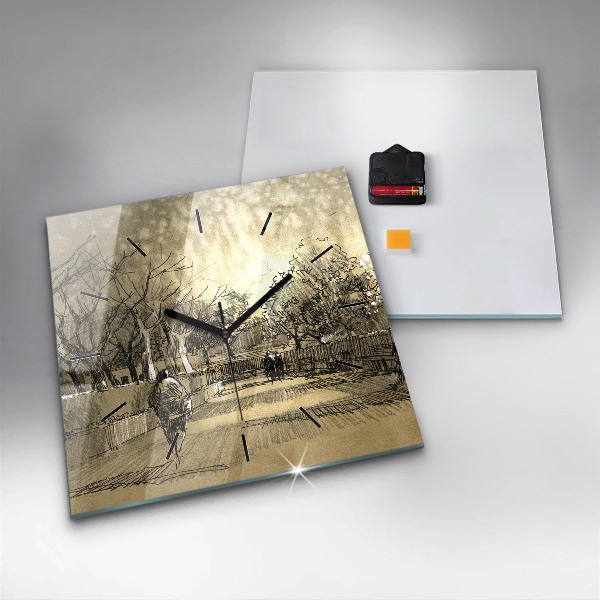 Wanduhr quadratisch Park und Bäume in Sepia