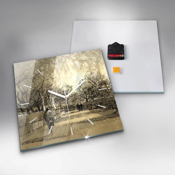 Wanduhr quadratisch Park und Bäume in Sepia