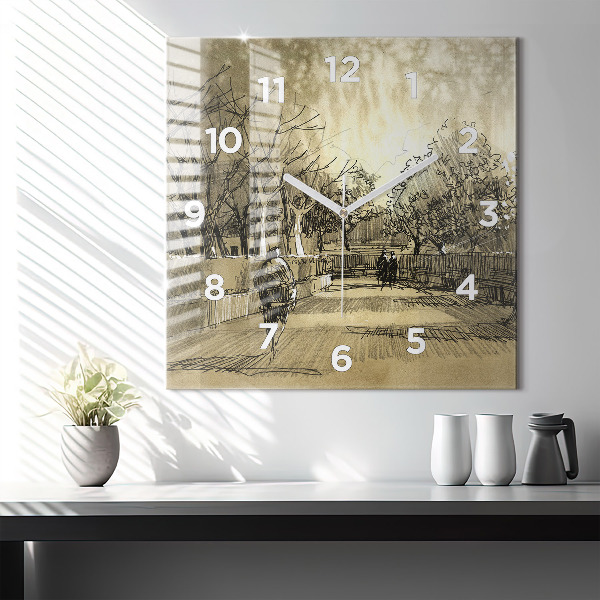 Wanduhr quadratisch Park und Bäume in Sepia