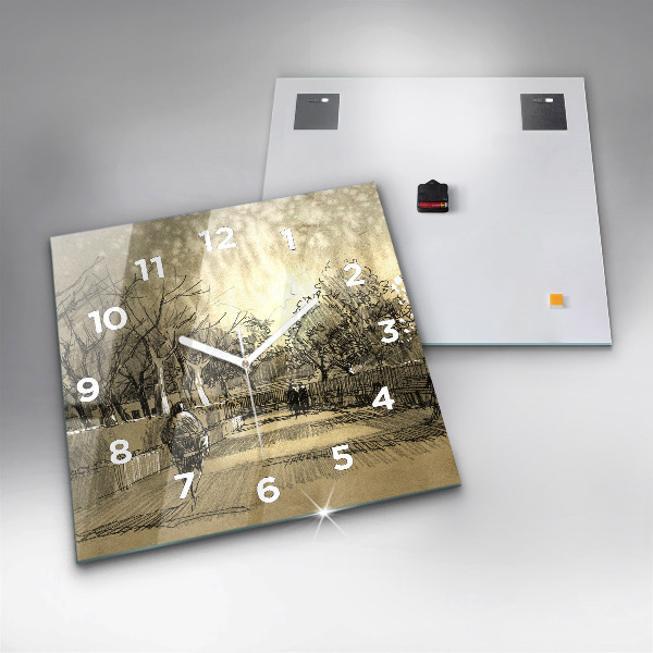 Wanduhr quadratisch Park und Bäume in Sepia