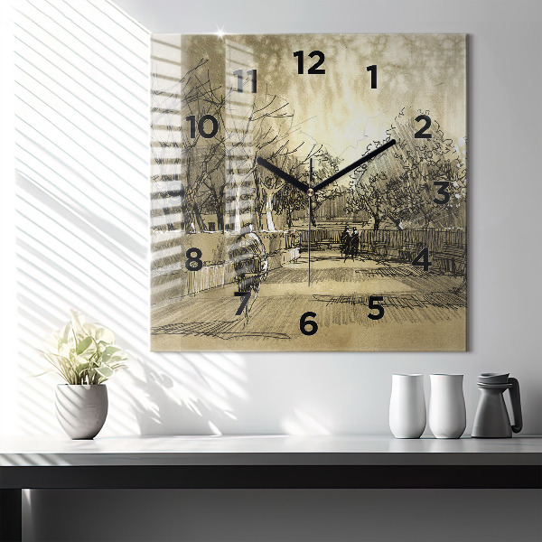 Wanduhr quadratisch Park und Bäume in Sepia