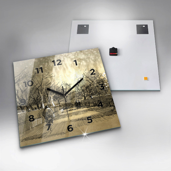 Wanduhr quadratisch Park und Bäume in Sepia