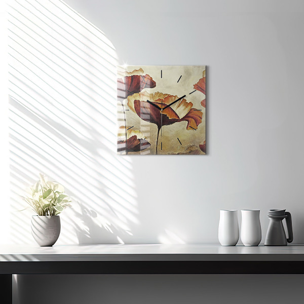 Wanduhr modern quadratisch Gemalte Mohnblumen