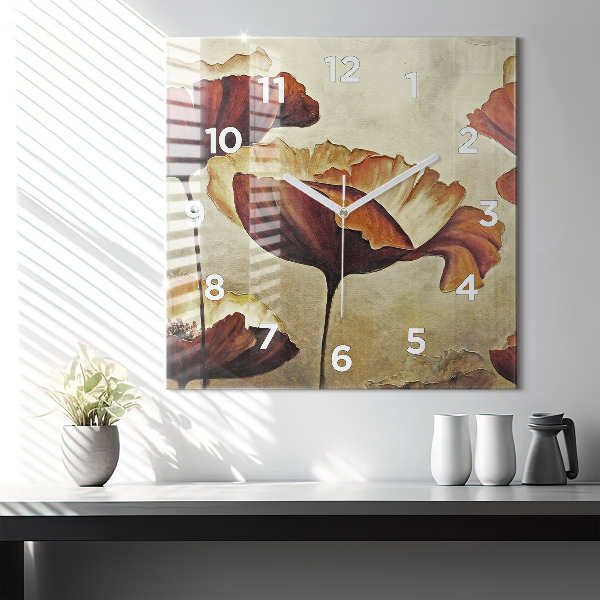 Wanduhr modern quadratisch Gemalte Mohnblumen