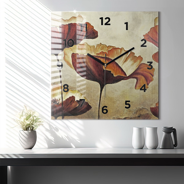 Wanduhr modern quadratisch Gemalte Mohnblumen