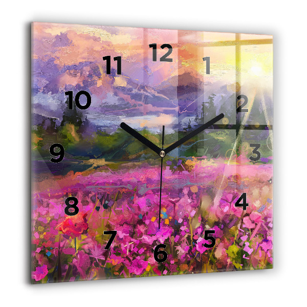 Wanduhr modern quadratisch Landschaft aus Natur und Blumen
