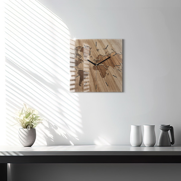 Wanduhr modern quadratisch Weltkarte auf Holz