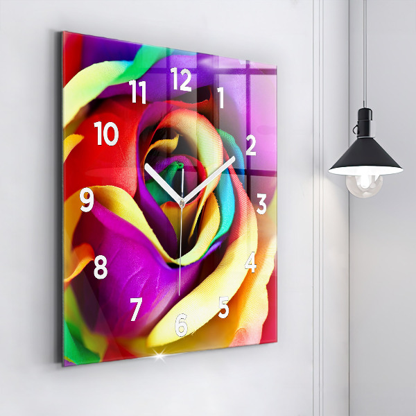 Wanduhr quadratisch mit motiv Regenbogenrose
