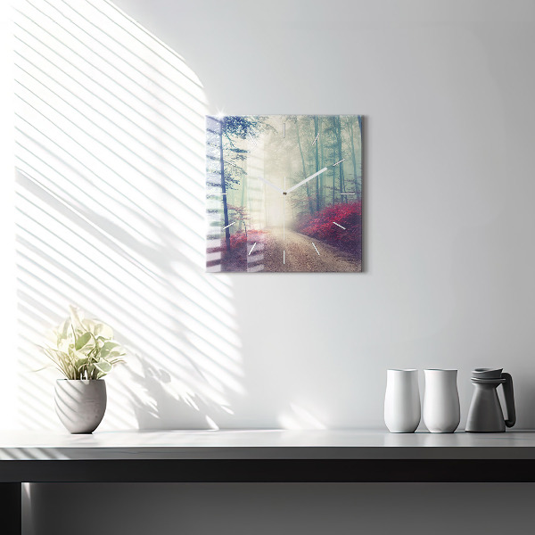 Wanduhr quadratisch mit motiv Herbststraße Waldnebel