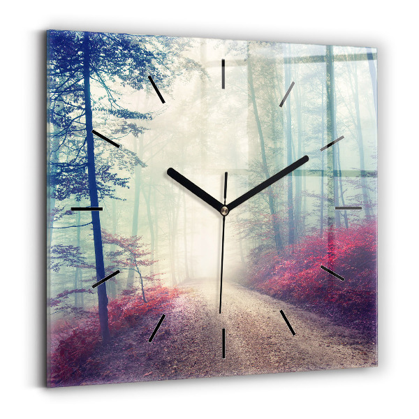 Wanduhr quadratisch mit motiv Herbststraße Waldnebel