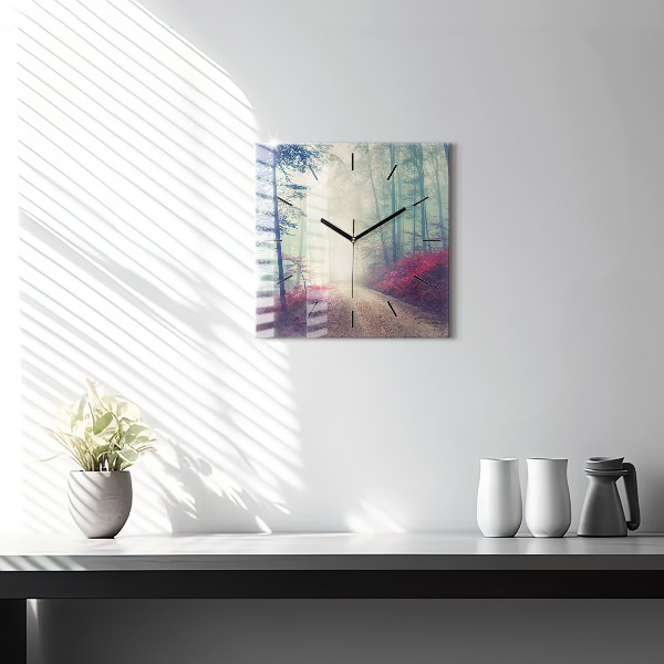 Wanduhr quadratisch mit motiv Herbststraße Waldnebel
