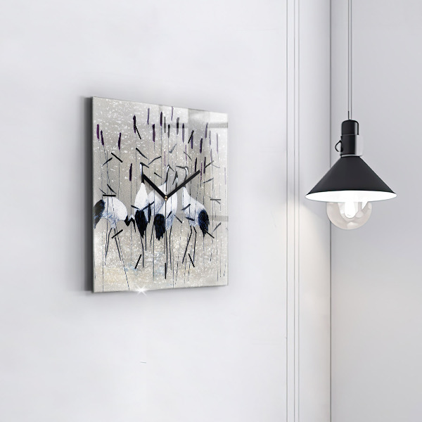 Wanduhr quadratisch Kraniche im Schilf